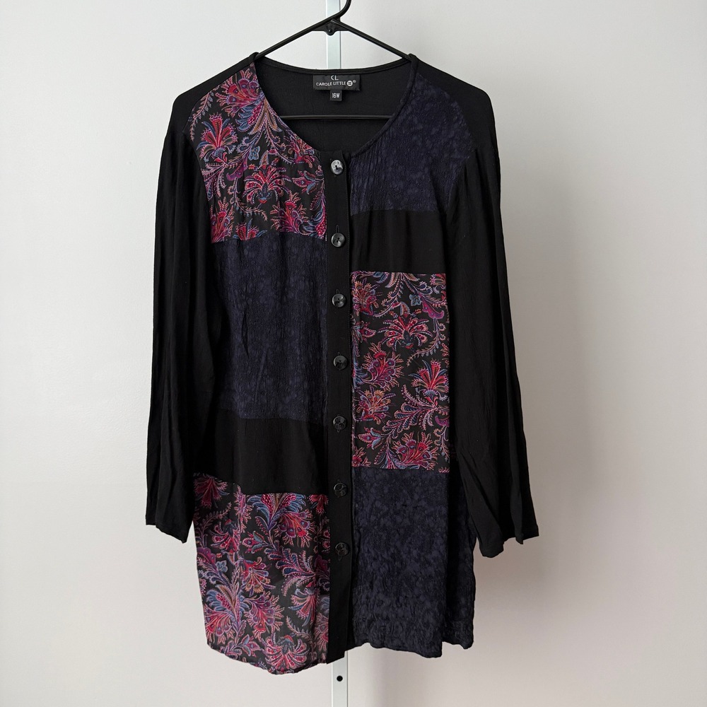 Carole Little 16 Black Patchwork Button Front Blouse Paisley Silk Mix Whimsigoth